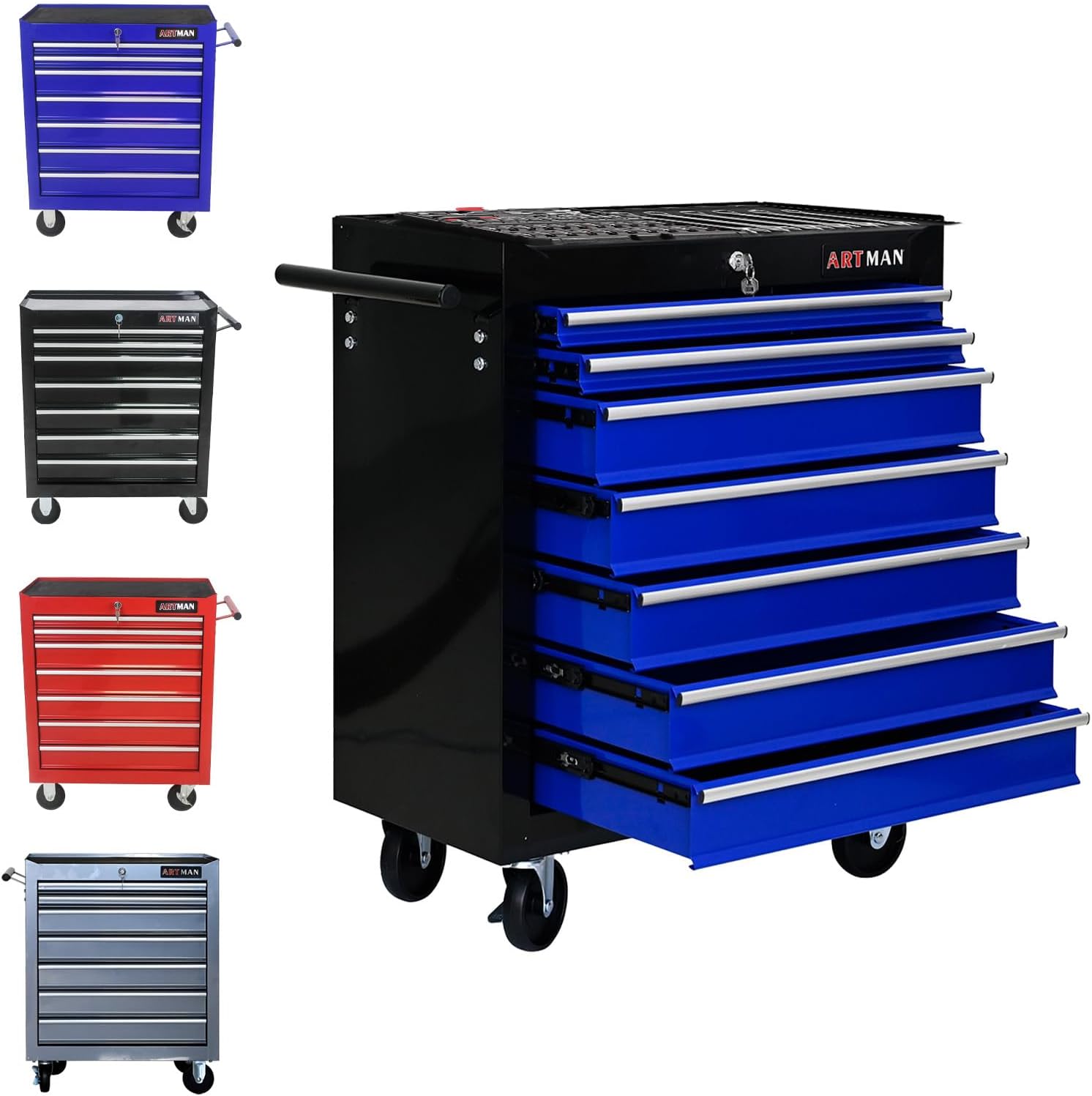 Rolling Tool Chest, 7-Drawer Tool Cabinet with Wheels, Heavy-Duty Steel Tool Storage Cabinet, Lockable Tool Box on Wheels for Garage & Workshop, Black&Blue