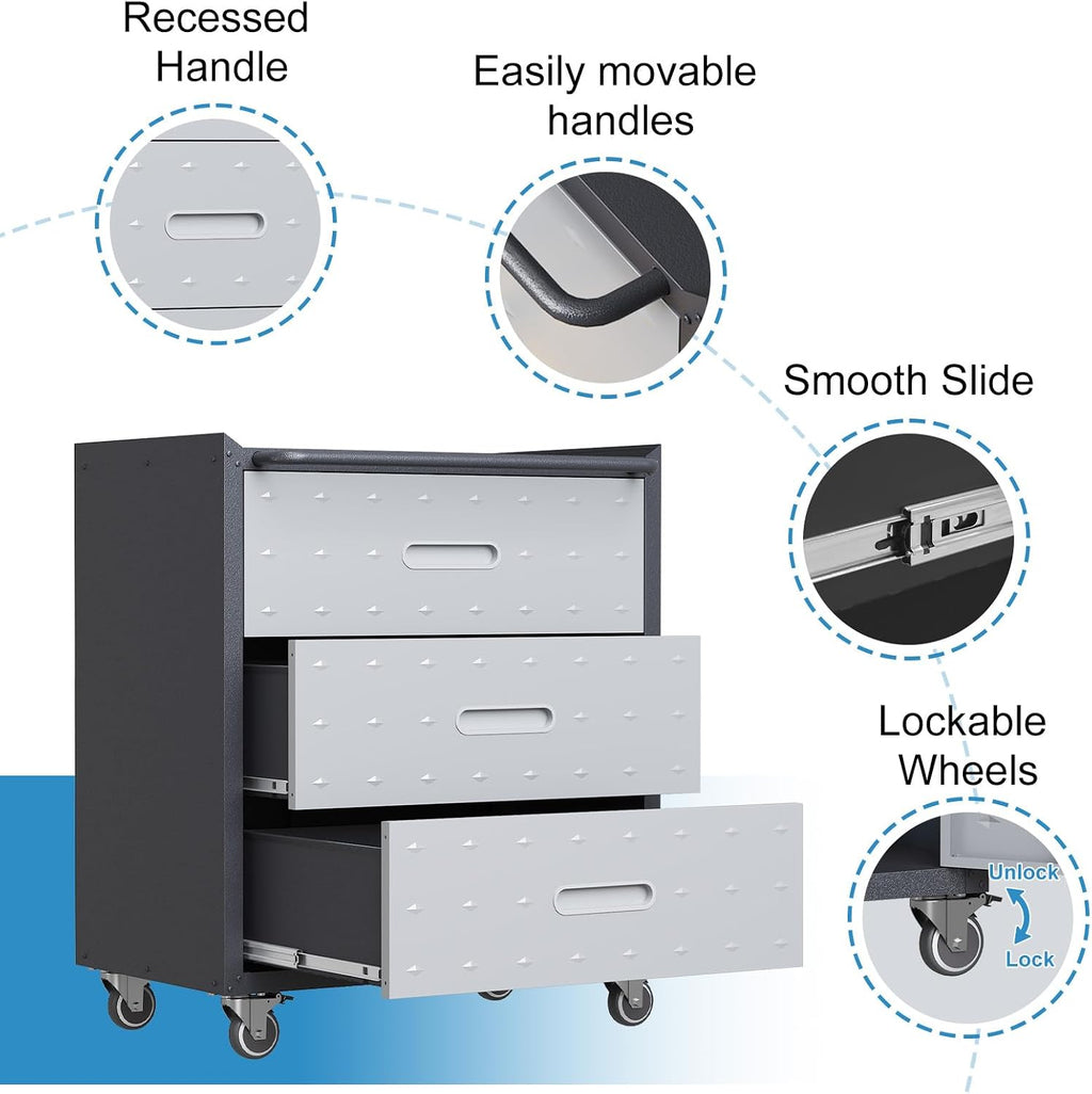 Metal Garage Cabinet on Wheels, Heavy Duty Steel Rolling Tool Cabinets with Drawers, Mobile Tool Cart Garage Storage Cabinets for Warehouse Basement, Assembly Required