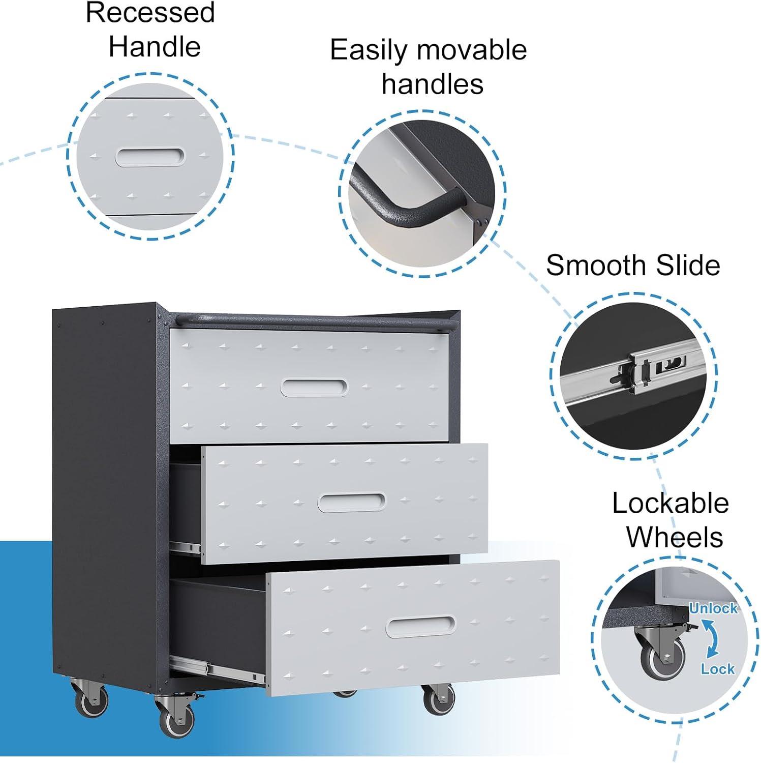 Metal Garage Cabinet on Wheels, Heavy Duty Steel Rolling Tool Cabinets with Drawers, Mobile Tool Cart Garage Storage Cabinets for Warehouse Basement, Assembly Required