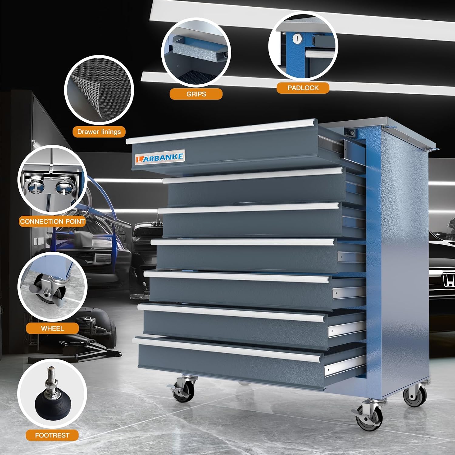 Larbanke Combination Tool Cabinet and Chest - 7+5 Drawer Tool Chest for Connected Use, Rolling with 360 Brake Wheels and Padded Feet, Blue