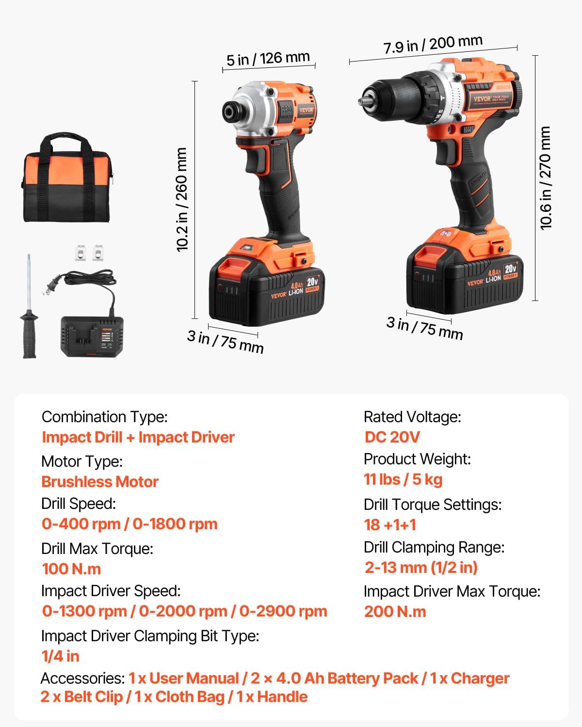 VEVOR Tool Combo Kit, 20V Max Cordless 2-Tool Combo Kit, with 1/2 in Impact Drill, 1/4 in Impact Driver, Compact Cordless Power with 4.0 Ah Batteries, Screws, Charger, and Cloth Bag