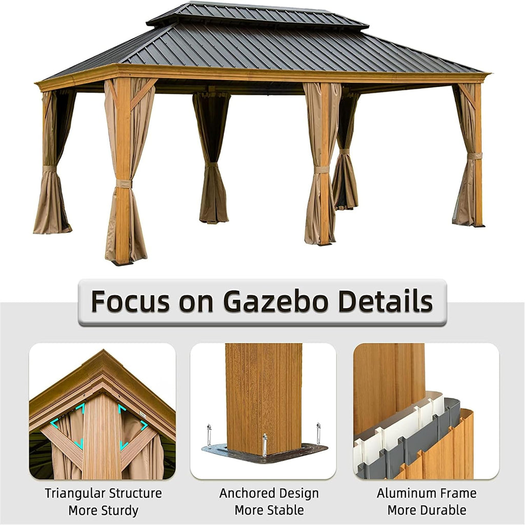 12x18Ft Hardtop Gazebo Wooden Coated Aluminum Frame Canopy Galvanized Steel Double Roof Outdoor Wood-Looking Permanent Metal Pavilion with Curtains and Netting for Patio Deck Lawn