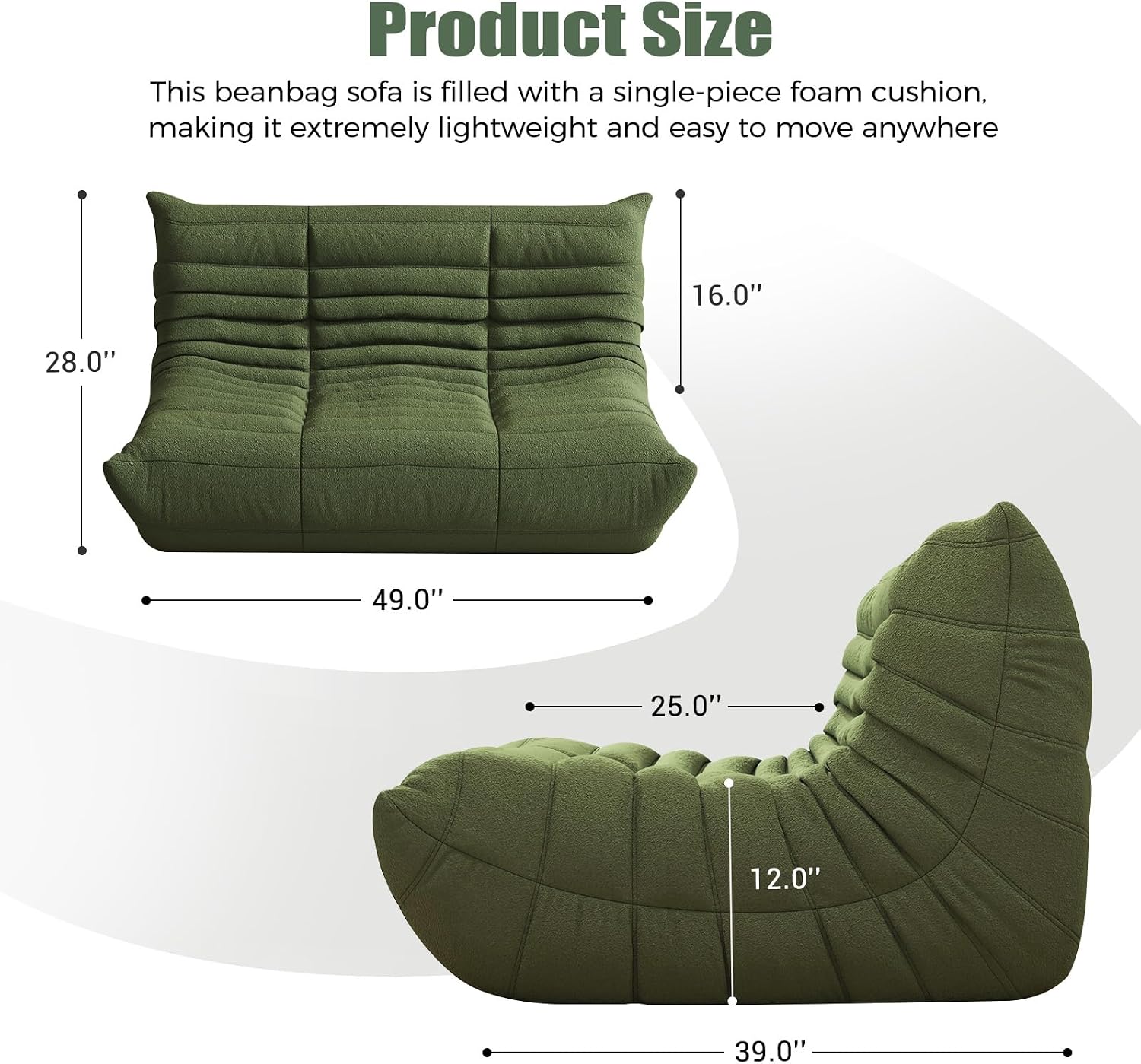 Bean Bag Chairs for Adults, Giant Bean Bag Chair Sofa with Memory Foam, Comfy Beanbag Loveseat Lazy Sofa for Living Room, Bedroom, Apartment, Green