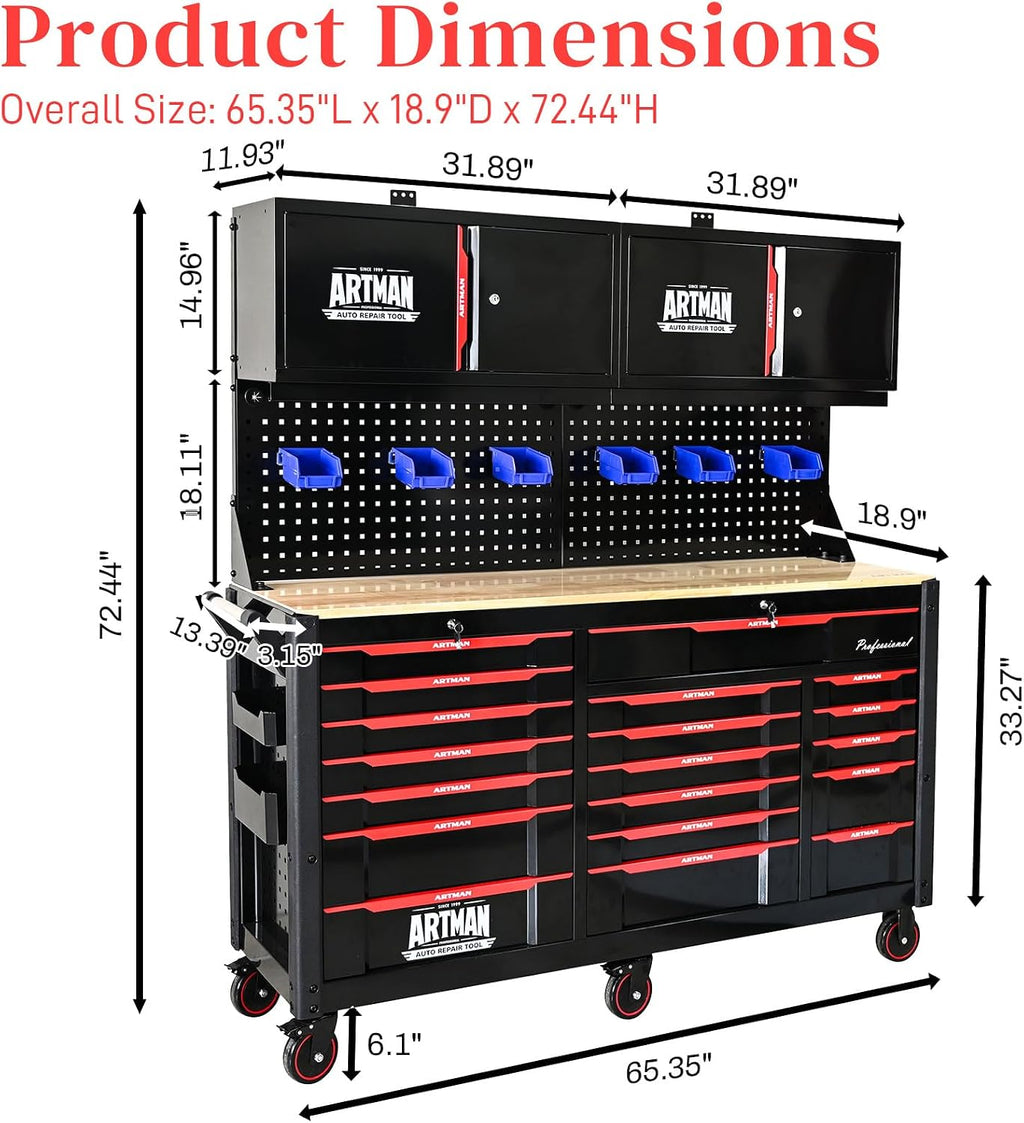 19 Drawers Rolling Tool Chest Large Mobile Workbench Heavy Duty Wood Top Tool Cart on Wheels Mechanic Toolbox Storage Cabinet for Garage, Workshop, Warehouse, Laboratory, with 2 Upper Cabinets