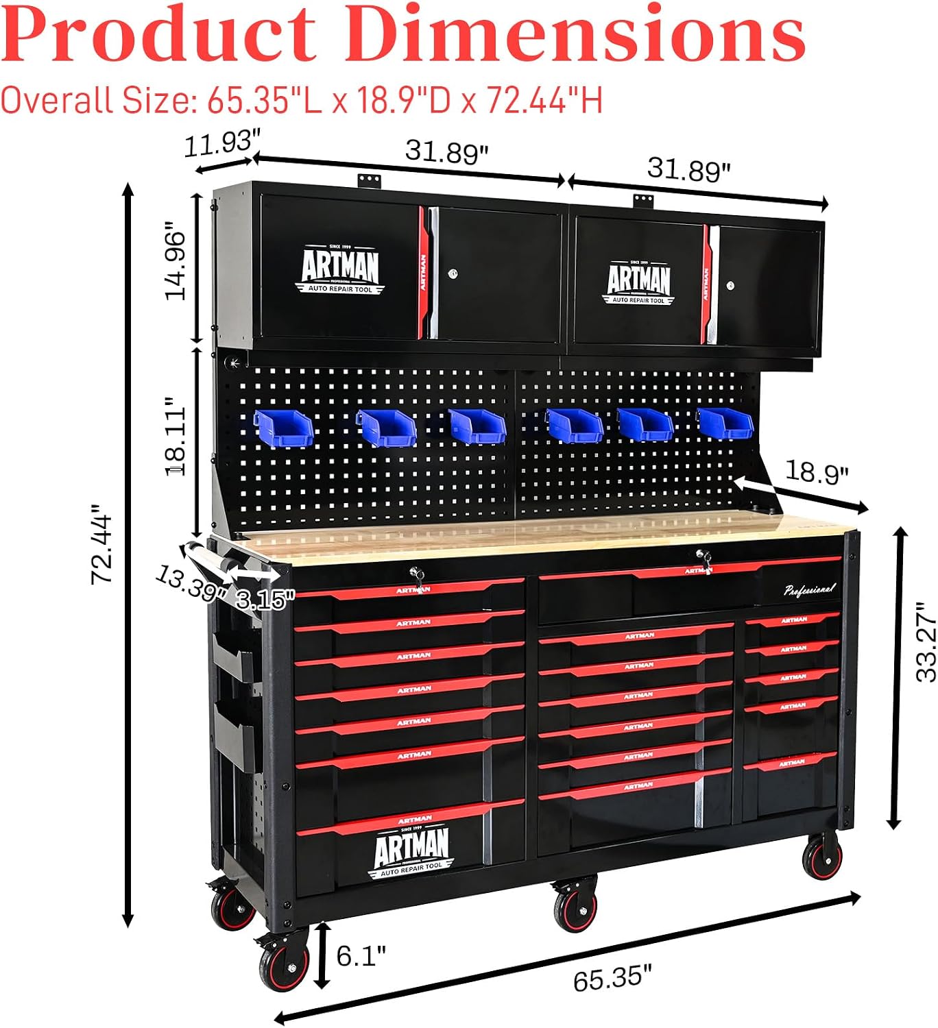19 Drawers Rolling Tool Chest Large Mobile Workbench Heavy Duty Wood Top Tool Cart on Wheels Mechanic Toolbox Storage Cabinet for Garage, Workshop, Warehouse, Laboratory, with 2 Upper Cabinets