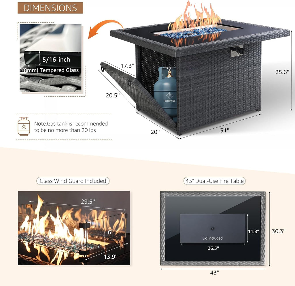 NICESOUL Wicker Propane Fire Pit Table, 60000 BTU Large Natural Gas Firepit Tables, 43'' Rectangle CSA Fireplaces for Deck Backyard, Fire Table with Windguard&Glass Rocks&Cover, Gray