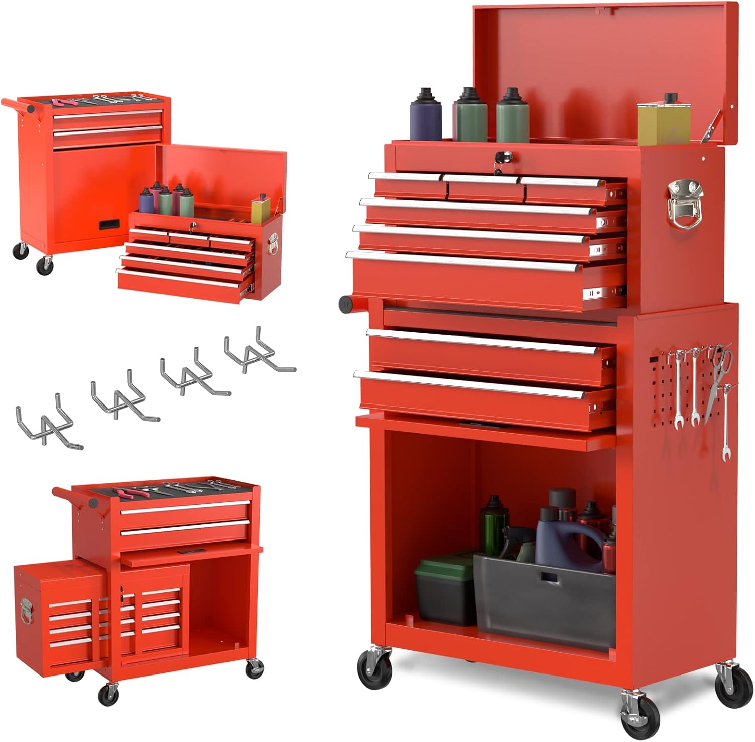 Go Big 8-Drawers Tool Chest Tool Box, Rolling Tool Chest with Wheels, Rolling Tool Box with Wheels, Garage Tool Storage Cabinet on Wheels, Locking System Toolbox(Red)