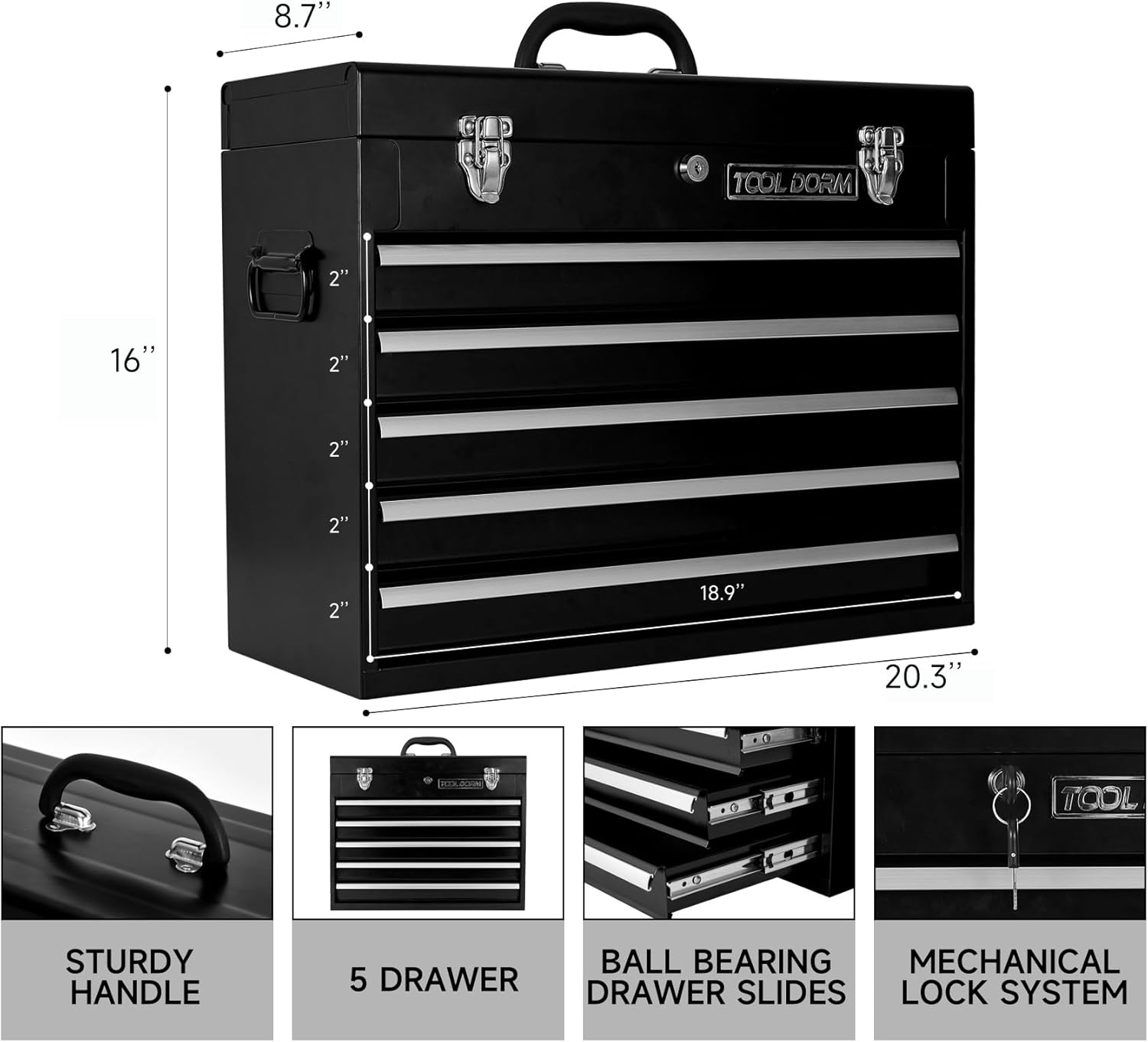 Metal Tool Box with 5 Drawers Portable Steel Tool Chest with Metal Cylinder Lock and Latch Closure, liner, Black and Red two color Powder coating, suitable for Garage, Warehouse and Outdoor Repair job