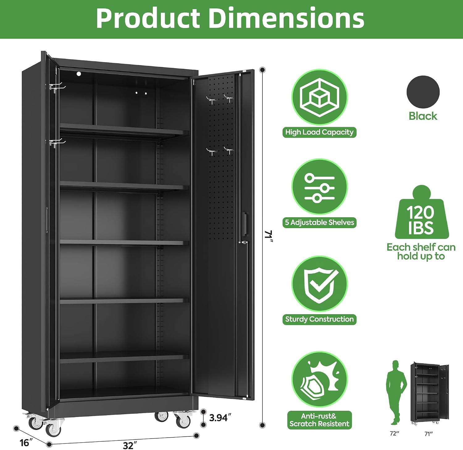 Garage Storage Cabinet with Wheels and Pegboard, 71' H x 32' W x 16' D Lockable Metal Storage Cabinet with 5 Adjustable Shelves and 2 Doors for Garage Home, Assembly Required, Black