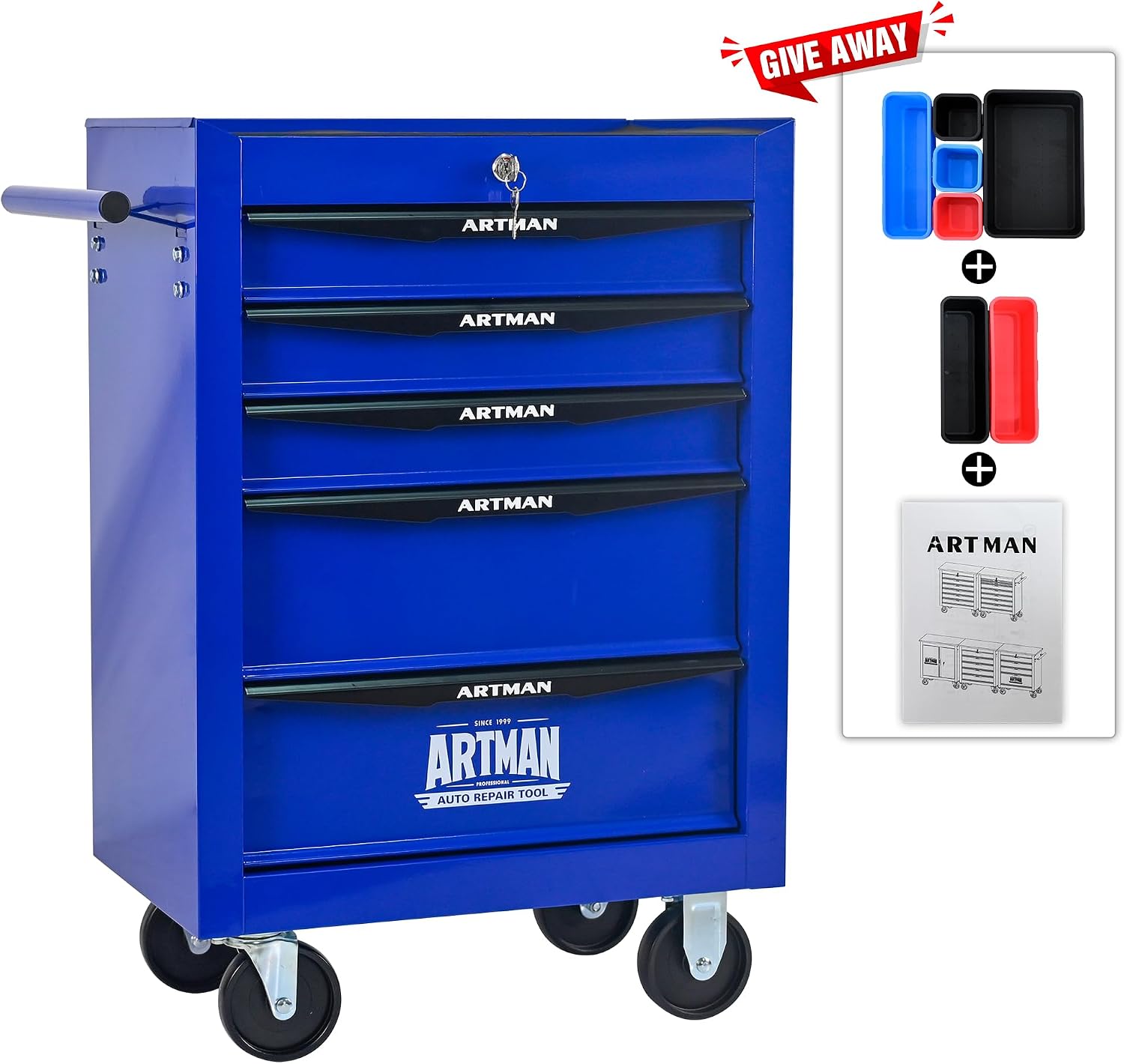 Rolling Tool Box with Wheels, Mechanics Tool Chest with 5 Drawers, Tool Box Organizer with 7 Tool Storage Boxes, Lockable Tool Storage Cabinet for Home Garage Workshop Warehouse Repair Shop, Blue