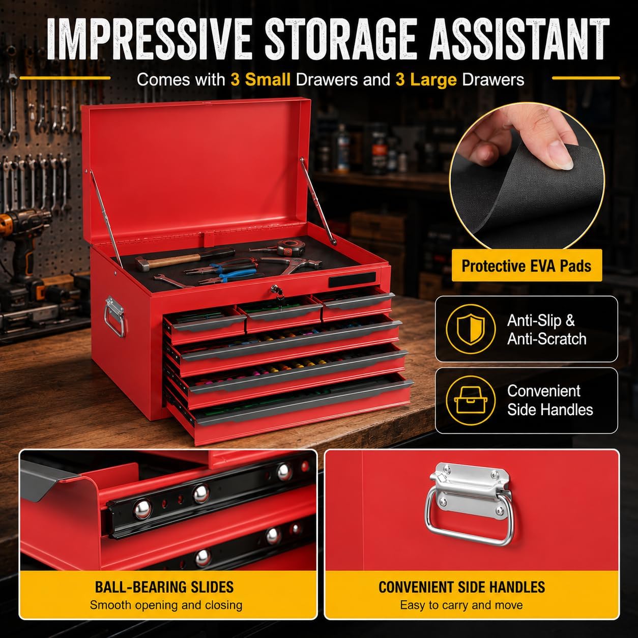 ARNOT Large Metal Tool Box, Tool Box with 6 Drawers & Top Tray, Heavy-Duty Steel Tool Chest with Auto-Locking Drawers and Side Handles for Garage & Workbench, Red
