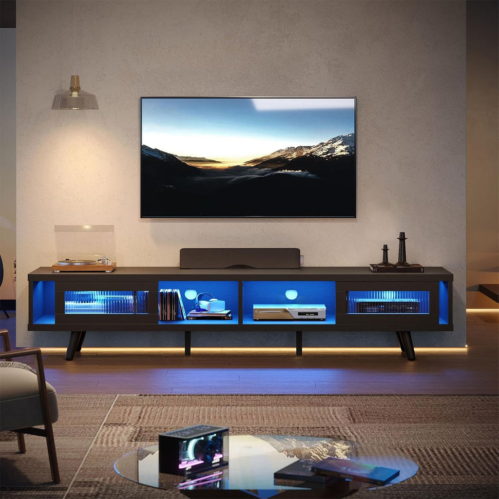 Bestier Mid Century Modern TV Stand for 75 inch TV, LED Entertainment Center with Storage and Sliding Doors, Low Profile TV Consoles for Living Room, Embossed Black