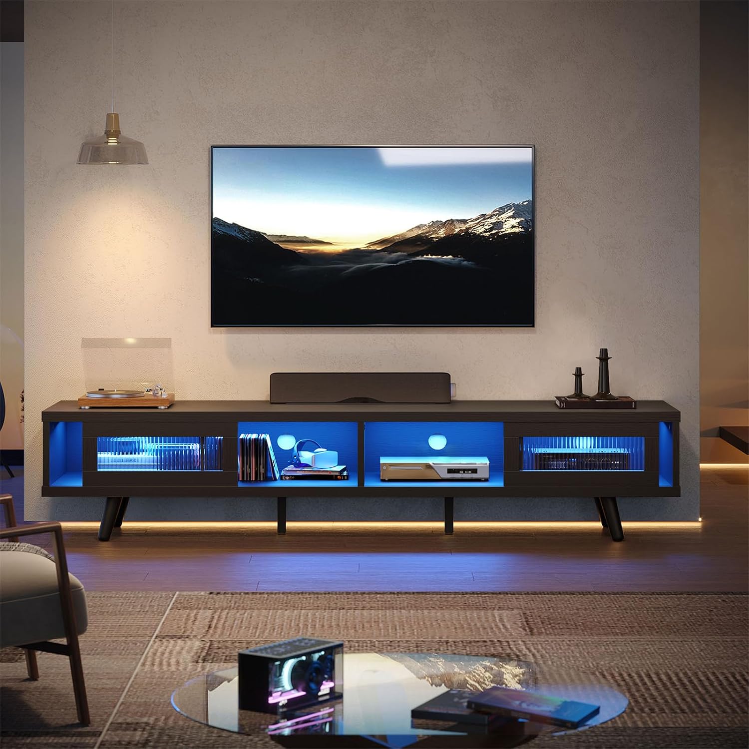 Bestier Mid Century Modern TV Stand for 75 inch TV, LED Entertainment Center with Storage and Sliding Doors, Low Profile TV Consoles for Living Room, Embossed Black