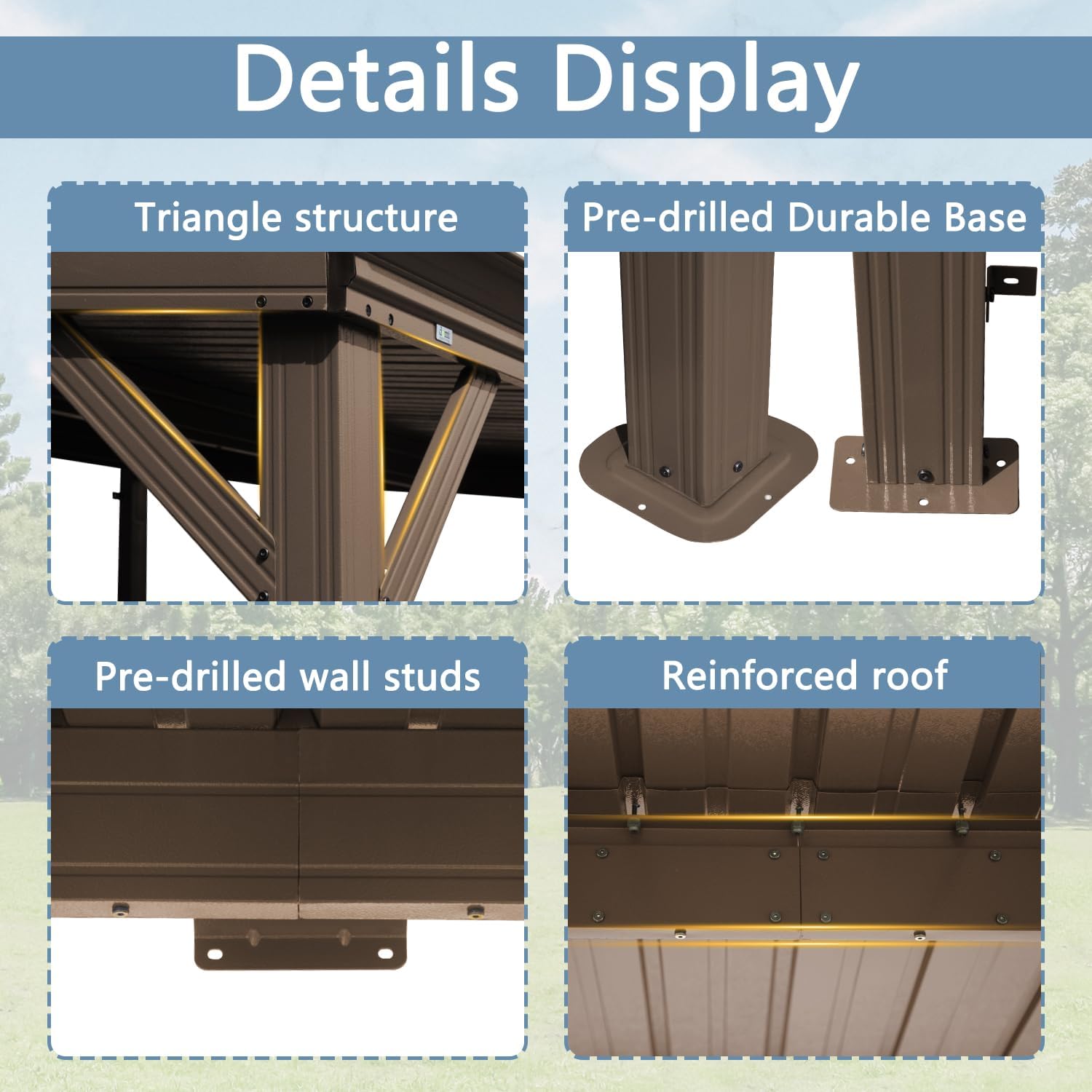 Domi 8'x10' Wall-Mounted Hardtop Gazebo Pergola – Permanent Lean-to Outdoor Shelter with Sloped Galvanized Steel Roof & Upgraded Drainage – Grey Metal Patio Cover for Backyard, Deck, Garden,Brown