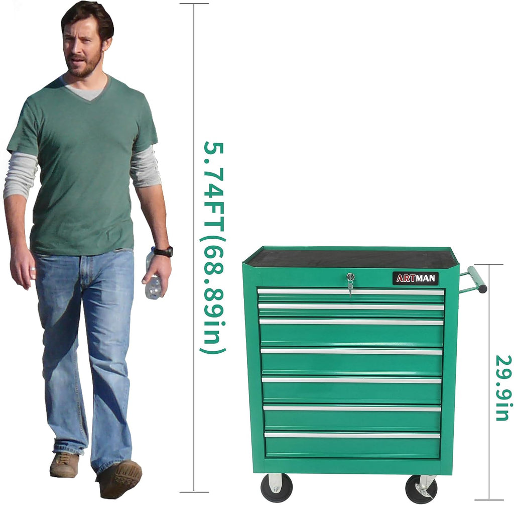 Larmliss 7 Drawers Rolling Tool Box，Tool Cart on Wheels，Locked Drawers Storage Organizer Cabinet for Garage, Warehouse, Repair Shop, Workshop