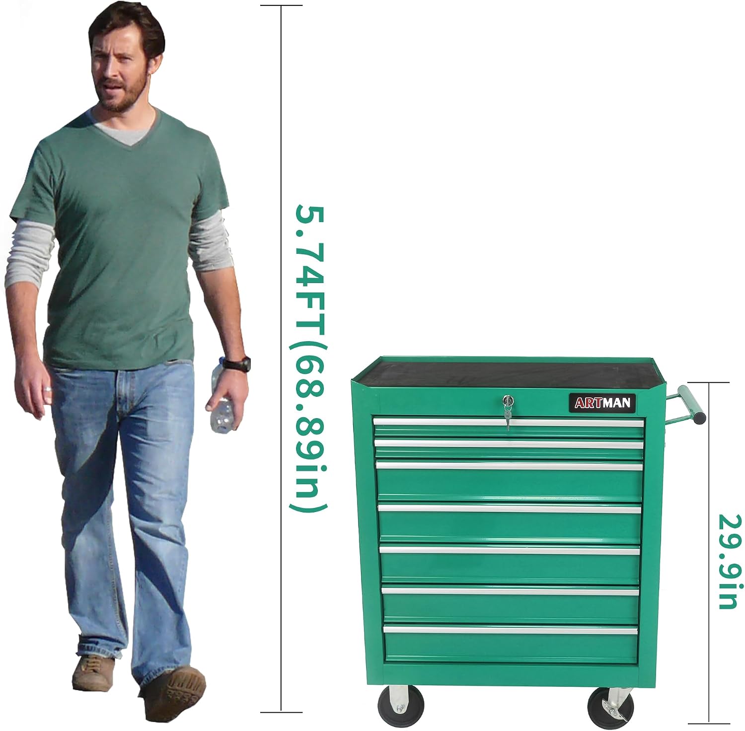 Larmliss 7 Drawers Rolling Tool Box，Tool Cart on Wheels，Locked Drawers Storage Organizer Cabinet for Garage, Warehouse, Repair Shop, Workshop
