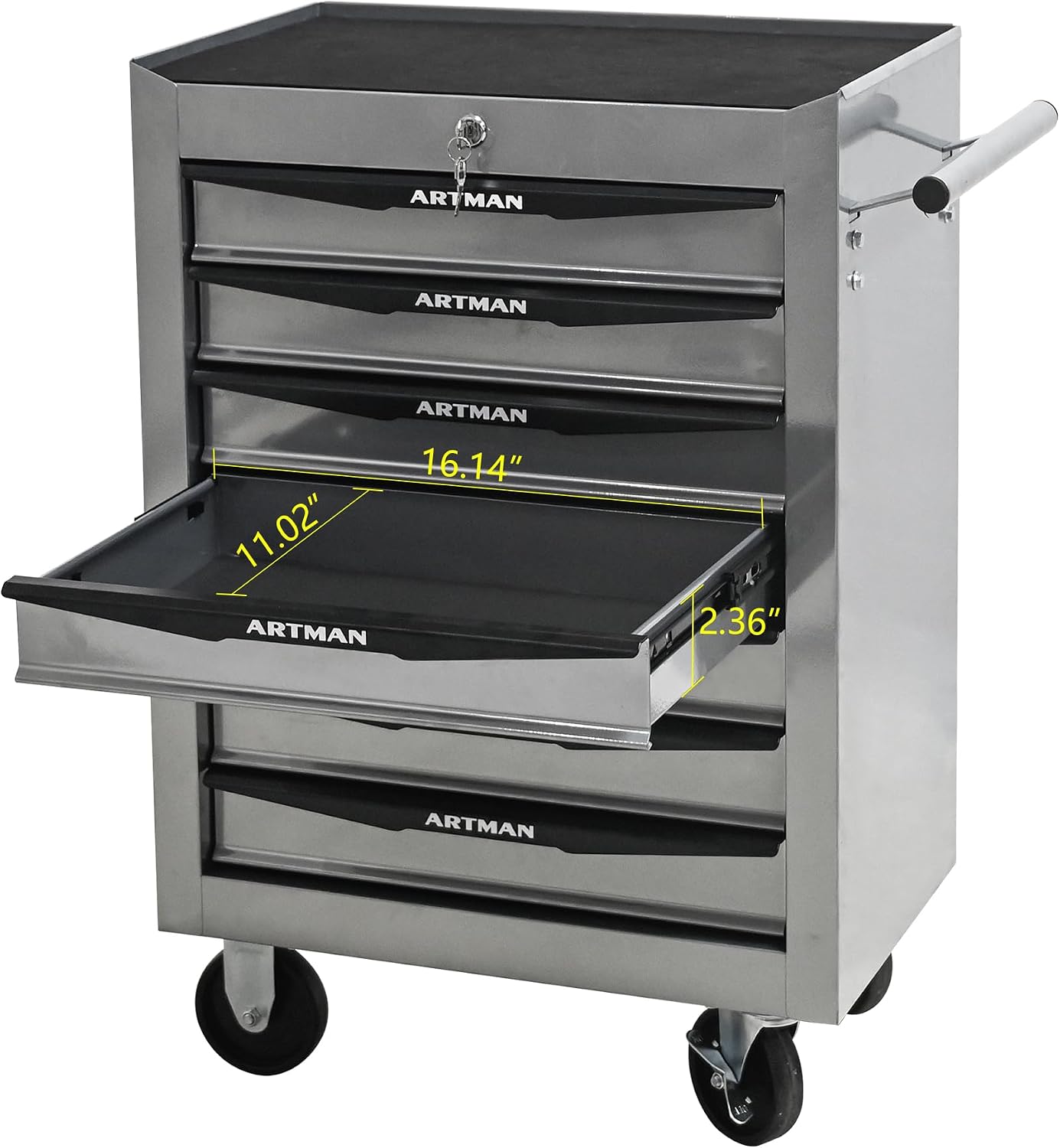 Rolling Tool Chest Cart with 7 Drawers,Storage Tool Cabinet on 4 Wheels. Lockable Tool Cart with Drawer Liners.Steel Tool Box Organizer for Garage,Repair Workshop-Silver