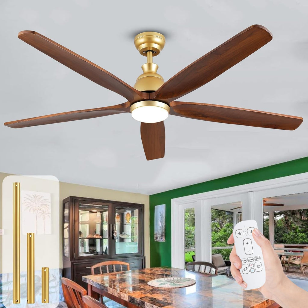 60 Inch Gold Ceiling Fan with Light and Remote, Outdoor Ceiling Fan for Patio Porch Gazebo, 5 Blade Solid Wood Rustic Farmhouse Ceiling Fans with Quiet DC Motor, Dimmable 3CCT