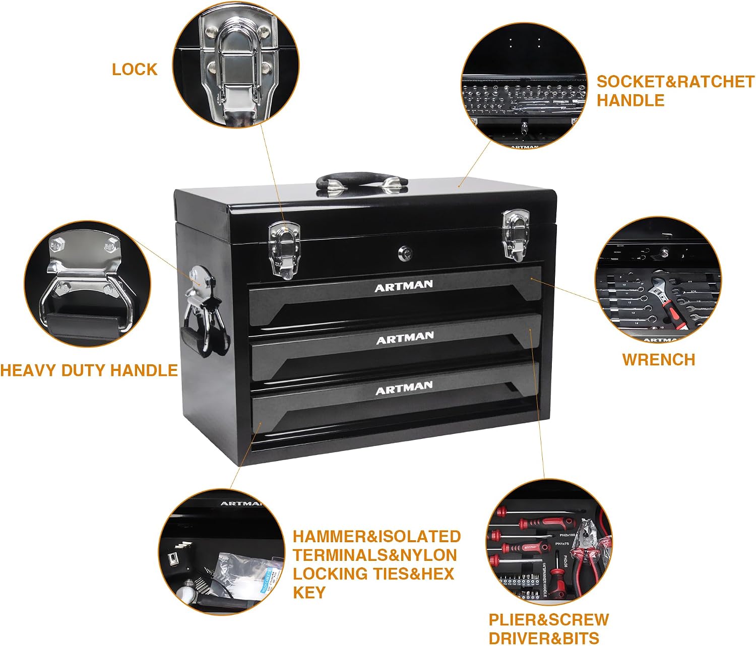 20' Portable 3 Drawer Steel Toolbox,Built in Tool Set,4 Layers of Tools with Metal Latches, with Top Storage Tray and carrying Handle, Multi-Function Tool Storage for Garage, Home,or Workbench