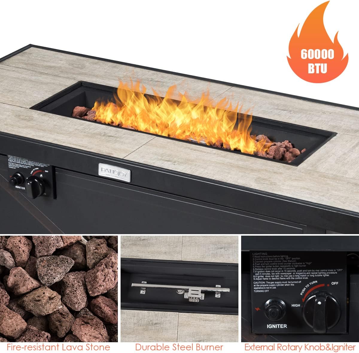 COSTWAY 42' Propane Fire Pit Table, 60,000 BTU Outdoor Rectangle Gas Fire Table W/Ceramic Tabletop, Lava Rock & PVC Cover Included, Stainless Steel Burner, Ideal for Backyard, Poolside