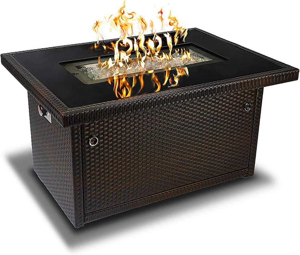 Outland Living Series 403 Fire Table – 44' 50,000 BTU Outdoor Propane Gas Fire Pit Table with Tempered Glass Top & Arctic Ice Decorative Glass Rocks, Espresso Brown