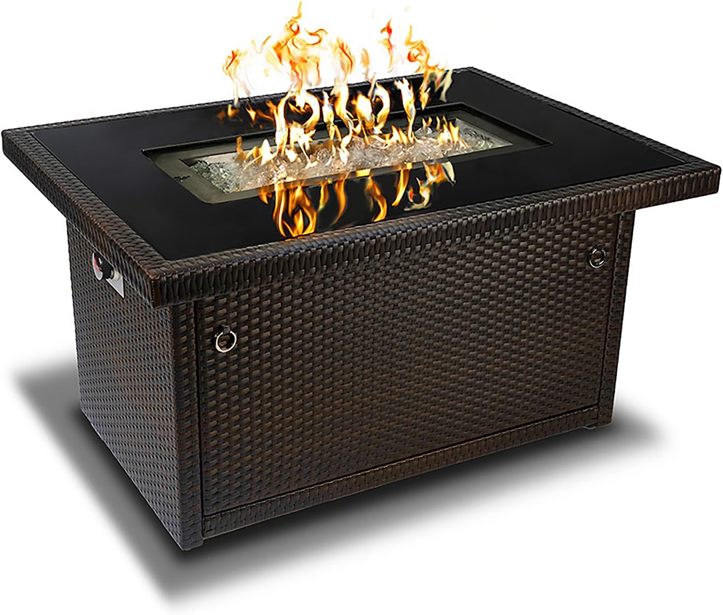 Outland Living Series 403 Fire Table – 44' 50,000 BTU Outdoor Propane Gas Fire Pit Table with Tempered Glass Top & Arctic Ice Decorative Glass Rocks, Espresso Brown