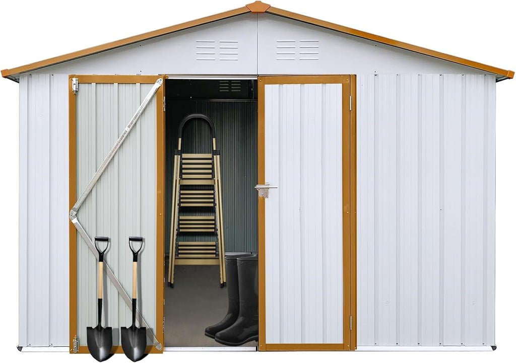 10x12 FT Outdoor Storage Shed, Metal Garden Shed with Lockable Hinged Doors, Large Storage Building with Sloped Roof & 4 Air Vents, Waterproof Outside Tool Shed for Backyard, Patio, Lawn, White+Yellow