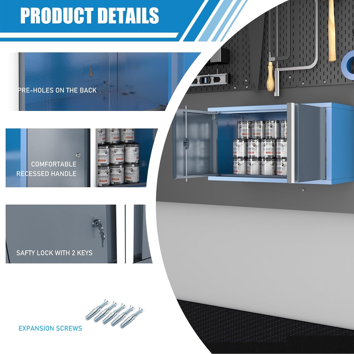 LARBANKE Metal Storage Cabinet System with Lock and Keys,Storage Cabinet System with 3 Wall Cabinet,One 5-Drawer Tool Chest and One 7-Drawer Tool Chest,Universal Brake Wheel &Padded Feet Attached