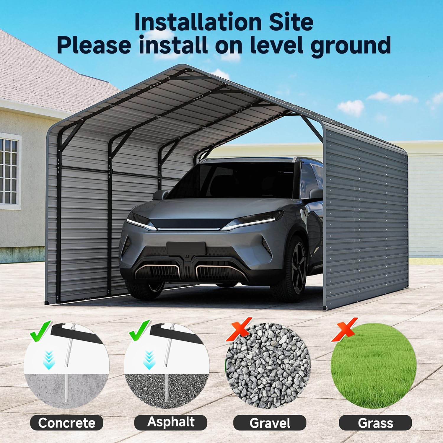 10x15FT Heavy Duty Metal Carport,Outdoor Garage with Metal Side Panels, Enclosed Car Ports with Heavy Duty Steel Frame and Galvanized Roof for Cars and Boats, Equipment Storage,Tools, Gray
