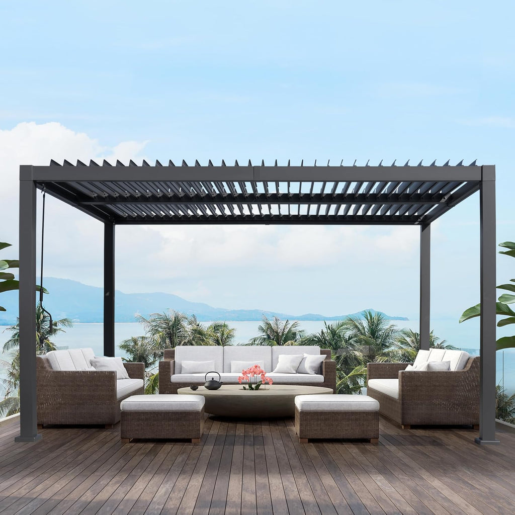 10'x 13' Patio Louvered Pergola Canopy Modern Aluminum Pergola with Adjustable Roof Rainproof Gazebo for Outdoor BBQ Deck Yard Lawn and Garden Deep Grey Hardtop Gazebo (10x13FT)