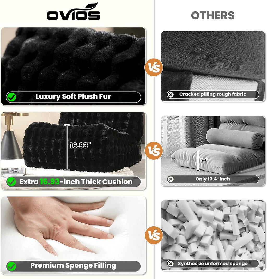 ovios Bean Bag Chair for Adult, Giant Beanbag with Plush Faux Fur, Comfy Large Big Lounger Floor Lazy Chair for Indoor Fireside Living Room Bedroom Dorm, Black