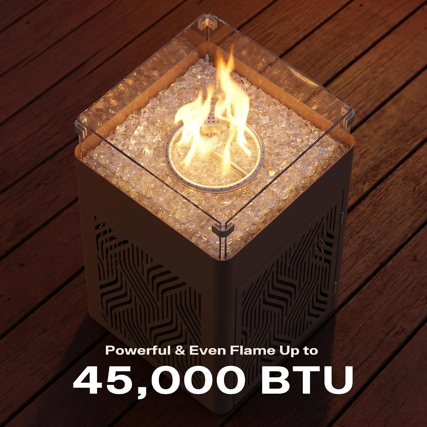 18' Aluminum Propane Fire Pit Table with 45,000 BTU, Square Outdoor Gas Fire Table with Glass Wind Guard, Glass Stones & Waterproof Cover, Patio Fire Table for Balcony, Backyard, Porch, Brown