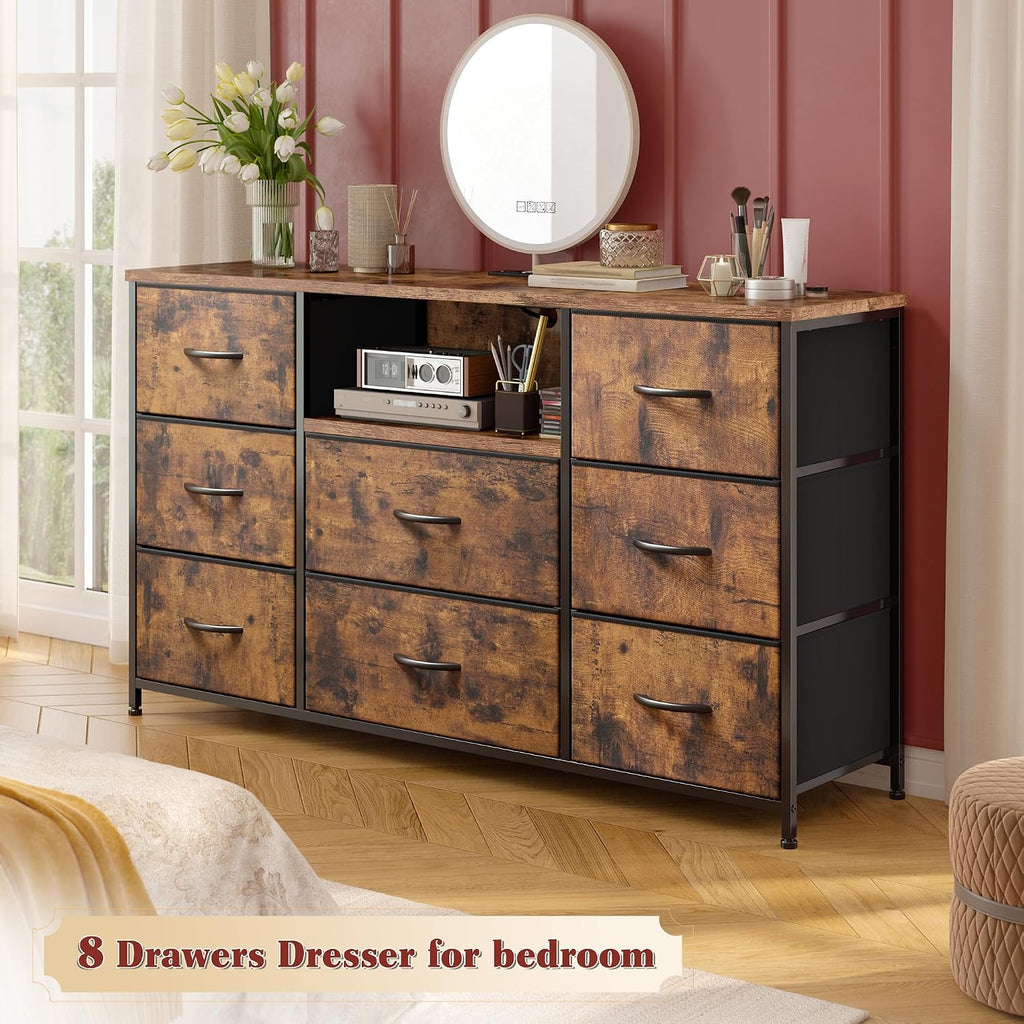Dresser for Bedroom with Charging Station, 8 Drawers Dressers & Chests of Drawers for 50 55 inch TV, Dresser TV Stand for Bedroom, Fabric Dresser with Open Shelves for Living Room Hallway, Brown