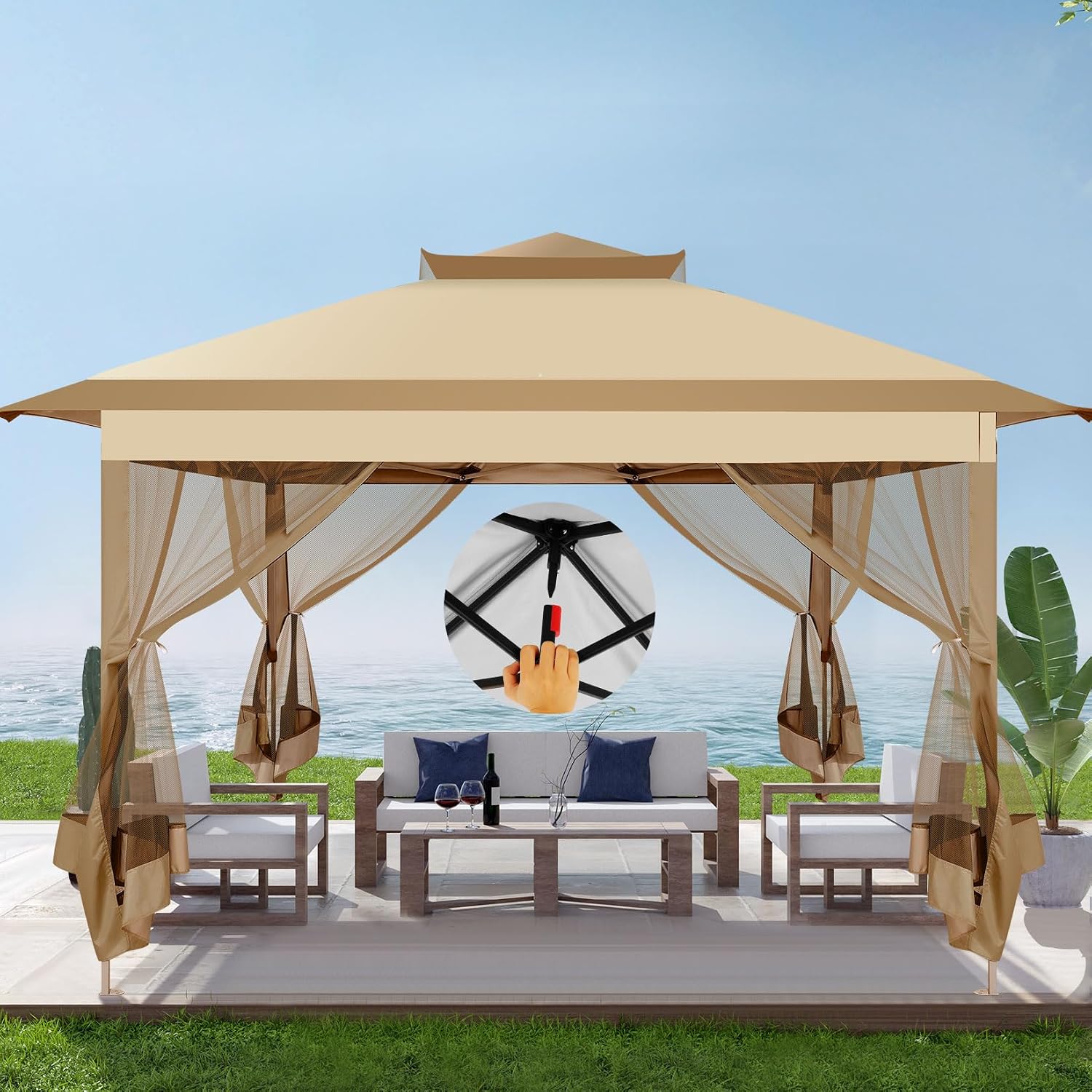 COBIZI Pop Up Gazebo 11x11 One-Push Canopy Tent, Carpas Para Patio, Outdoor Canopy Shelter with Double Roof Ventiation 121 Square Feet of Shade for Lawn, Garden, Backyard and Deck, Khaki(Upgraded 2.0)
