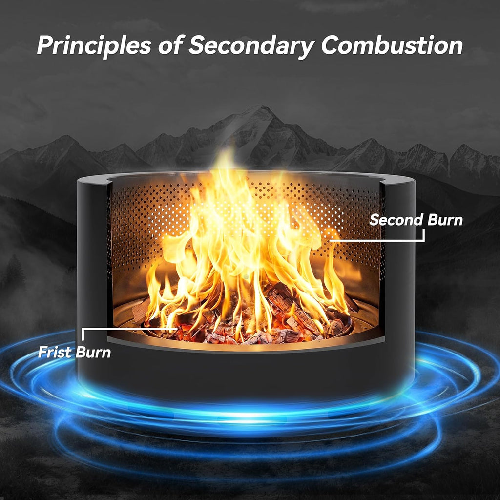 ALAULM 25 Inch Smokeless Fire Pit Tabletop, Stainless Steel Wood Burning Firepit for Outdoor Patio, Includes Weather-Resistant Cover