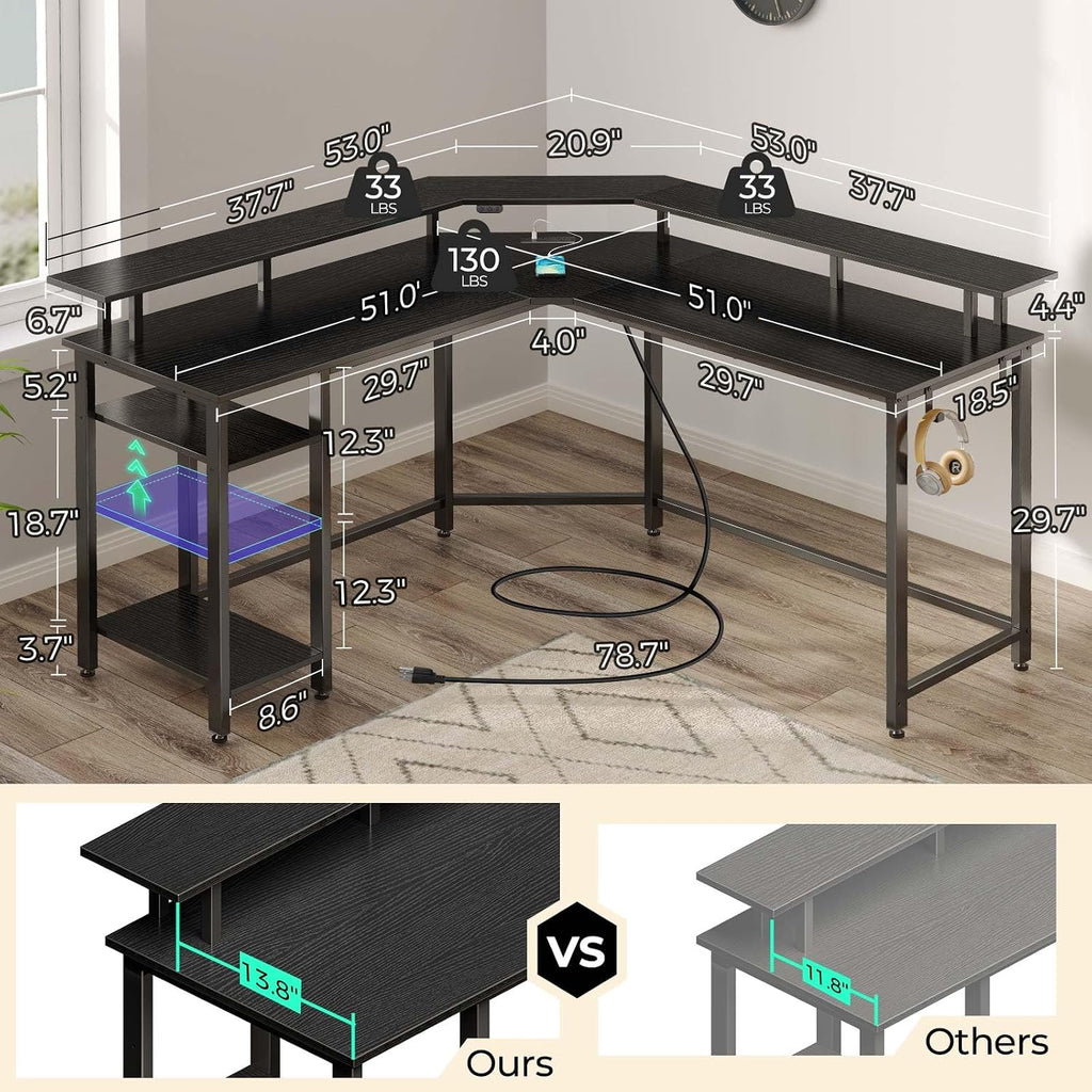 Rolanstar L Shaped Gaming Desk with LED Lights & Power Outlets, 53' Computer Desk with Full Monitor Stand & Storage Shelf, Corner Desk with Hooks, Black Desk Reversible