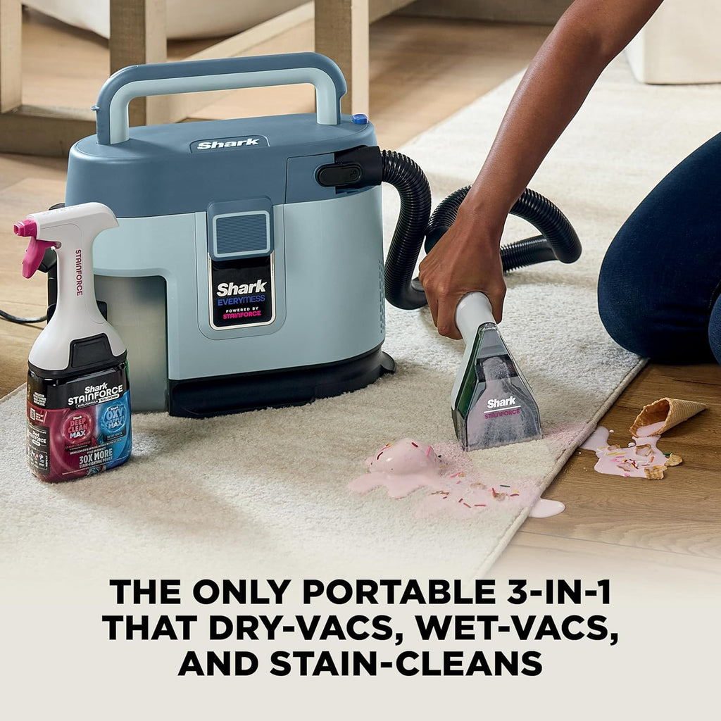 Shark EveryMess Ultra-Powerful 3-in-1 Wet Vac, Dry Vac, & Stain Eliminator with StainForce Technology, Perfect for Homes, Pets, and Cars, 3 Accessories and Cleaning Solution, Gray, VX101