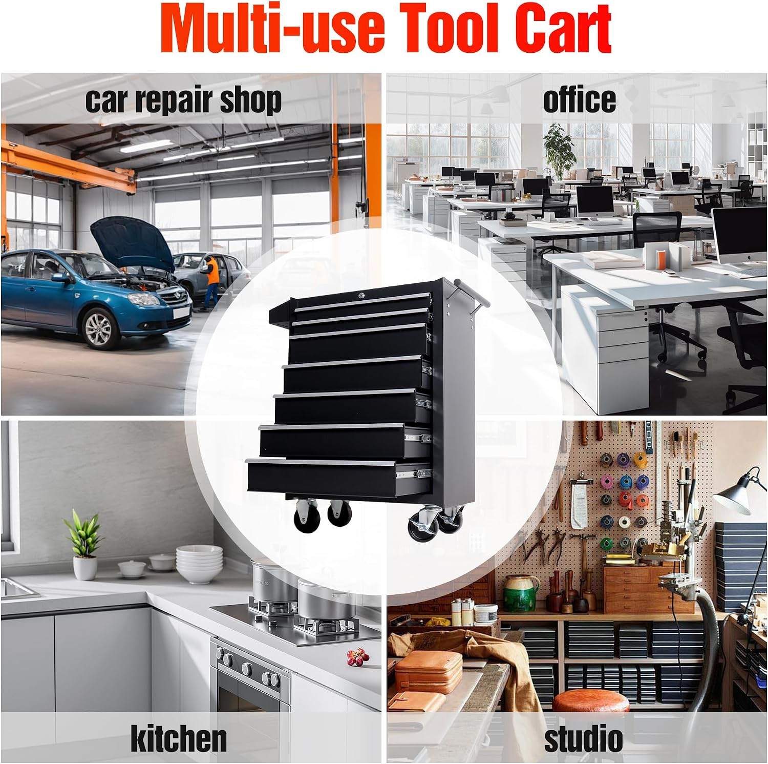 Tool Chest Heavy Duty Cart Steel Rolling Tool Box 7 Drawer Cart (TZ37-BK)