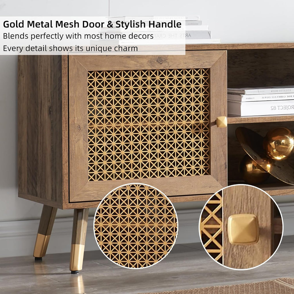 66 Inch TV Stand for 70 Inch TVs, Mid Century Modern Media Console, Long Entertainment Center with Storage Cabinet, Oak Wood Grain Finish for Rustic & Farmhoue Living Room Decor