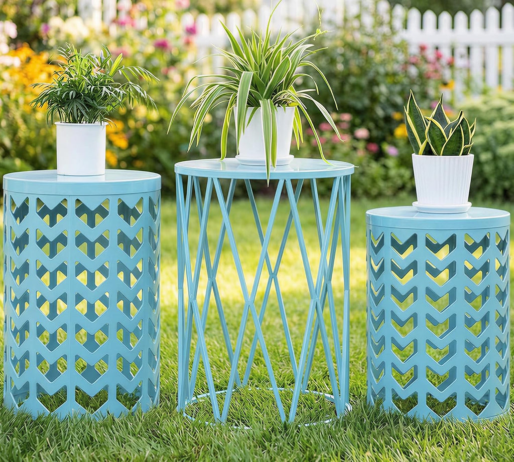 Y&M Set of 3 Round Heavy-Duty Side Table End Table, Coffee Table for Indoor Multifunctional Use, Outdoor Decorative Garden Stool Plant Stand-Light Blue