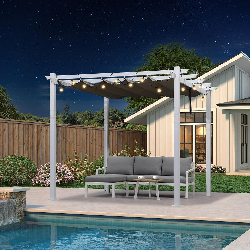 PURPLE LEAF 10' x 10' White Pergola Square Patio Aluminum Pergola with Retractable Canopy for Outdoor Backyard Poolside, Grey