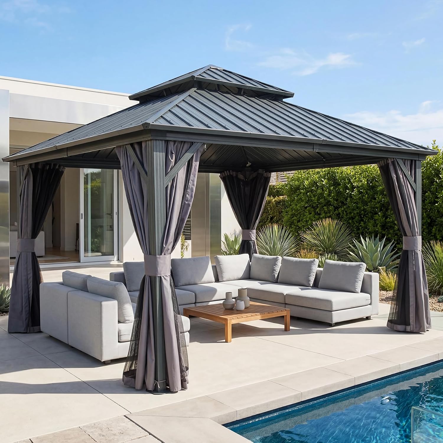 Domi 12x12FT Outdoor Gazebo, Patio Gazebo with Galvanized Steel, Hardtop Gazbo for Patio, Deck, Backyard, Curtain and Netting Included