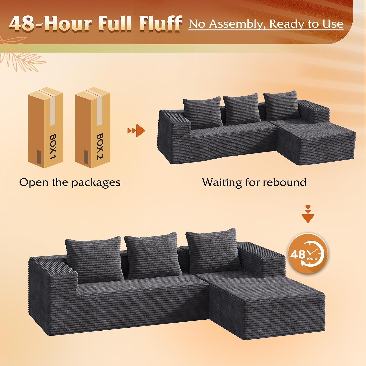 WLIVE 104'' Cloud Sectional Couches for Living Room, Modular Boneless Couch with Left Facing Chaise, L Shape Memory Foam Corduroy, with Cushion, Grey