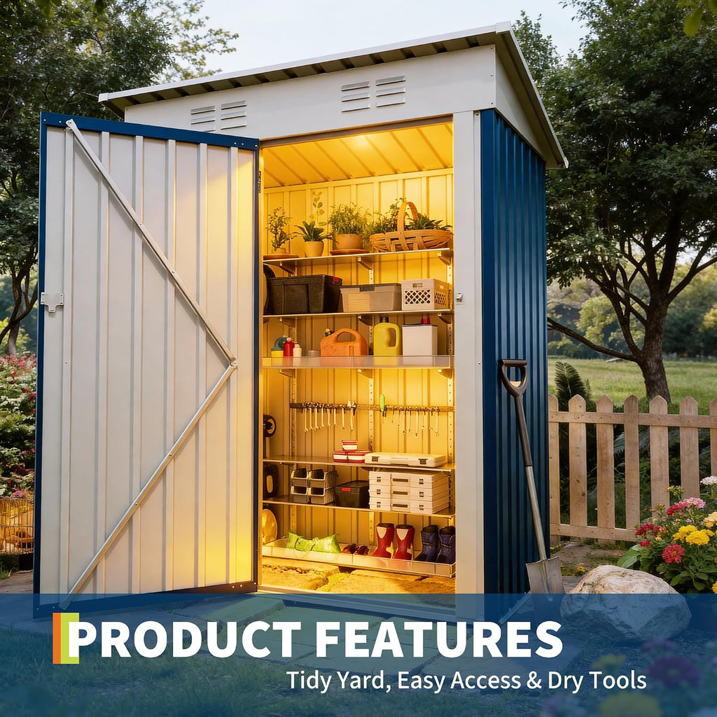 Garvee Metal Tool Shed with Single Door - Slanted Roof, Small Size, 5x3FT, Garden Storage, Outdoor Iron Tool Storage