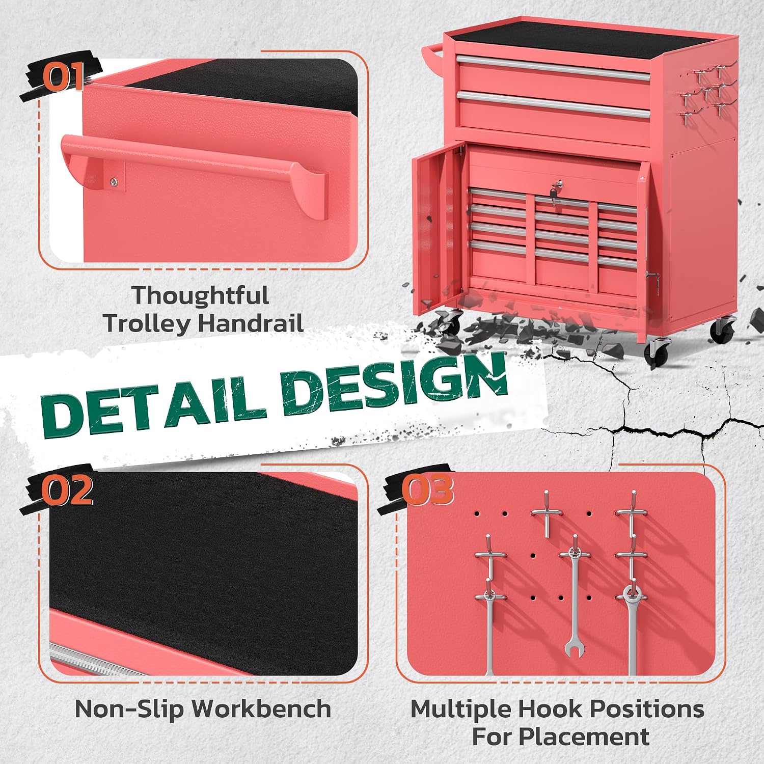 Greenvelly Tool Chest, 8-Drawer Rolling Tool Chest with Hooks and Lockable Wheels,Metal Storage Detachable Top Tool Box with Lockable Wheels for Garage,Workshop,Art Studio(Pink)