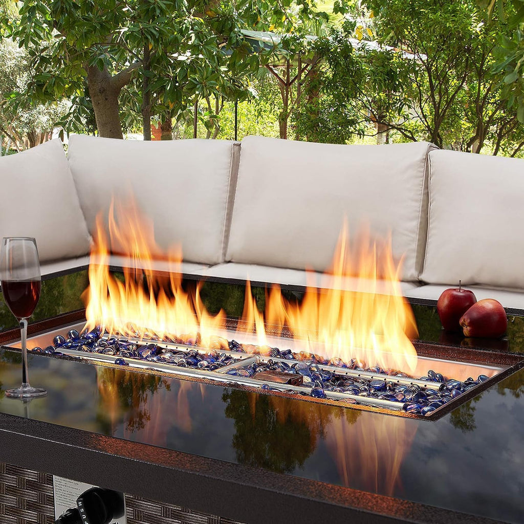U-MAX 44in Outdoor Propane Gas Fire Pit Table, 50,000 BTU Auto-Ignition Gas Firepit with Glass Wind Guard, Black Tempered Glass Tabletop & Blue Glass Rock, Brown PE Rattan, CSA Certification
