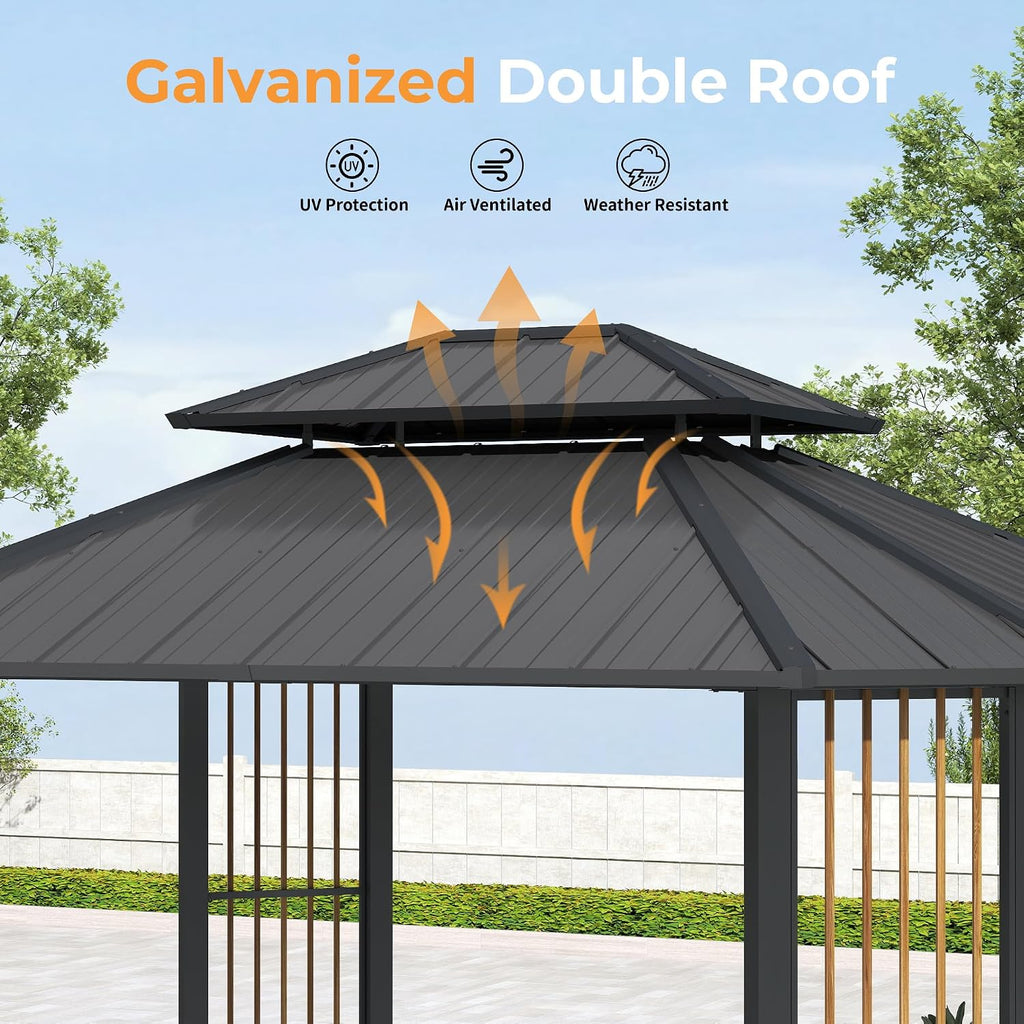 HAPPATIO 11' x 13 Outdoor Octagon Gazebo, Outdoor Pavilion Hardtop Gazebo with Double Tiered Ventilated Roof, Dual Rails and Ceiling Hook for Patio, Garden, Backyard Shade
