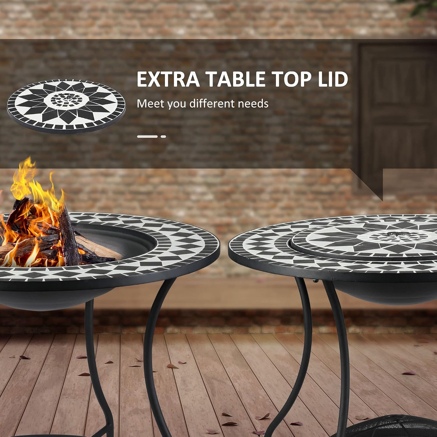 Outsunny 30' Outdoor Fire Pit Dining Table, 3-in-1 Round Wood Burning Fire Pit Bowl, Patio Ice Bucket with Storage Shelf, Spark Screen Cover for BBQ, Bonfire, Camping, Mosaic