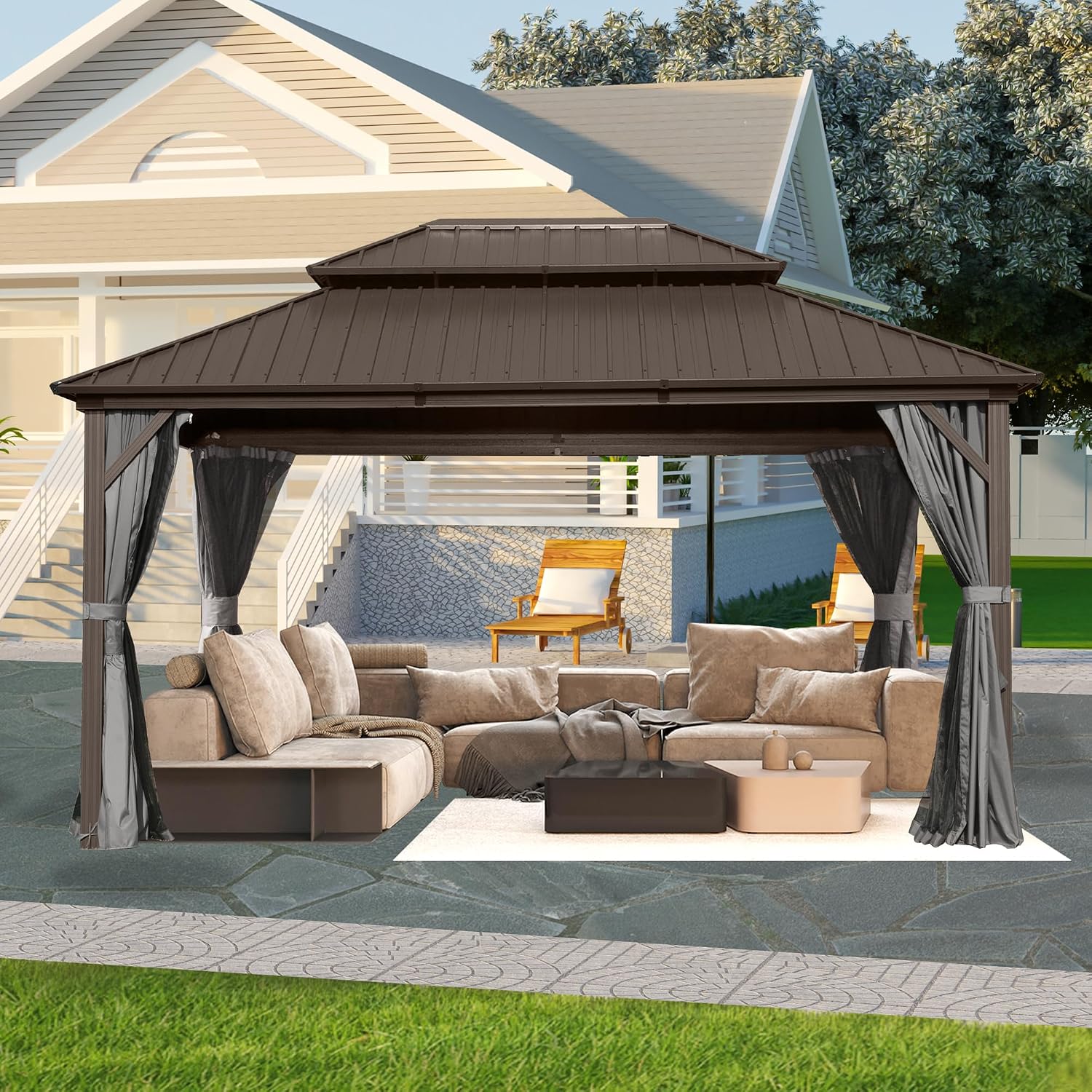 Domi Hardtop Gazebo 10x12FT, Aluminum Outdoor Gazebo with Galvanized Steel Double Roof Canopy, Curtains and Netting Included, Metal Gazebo Permanent Pavilion for Patio, Lawn, Garden, Brown