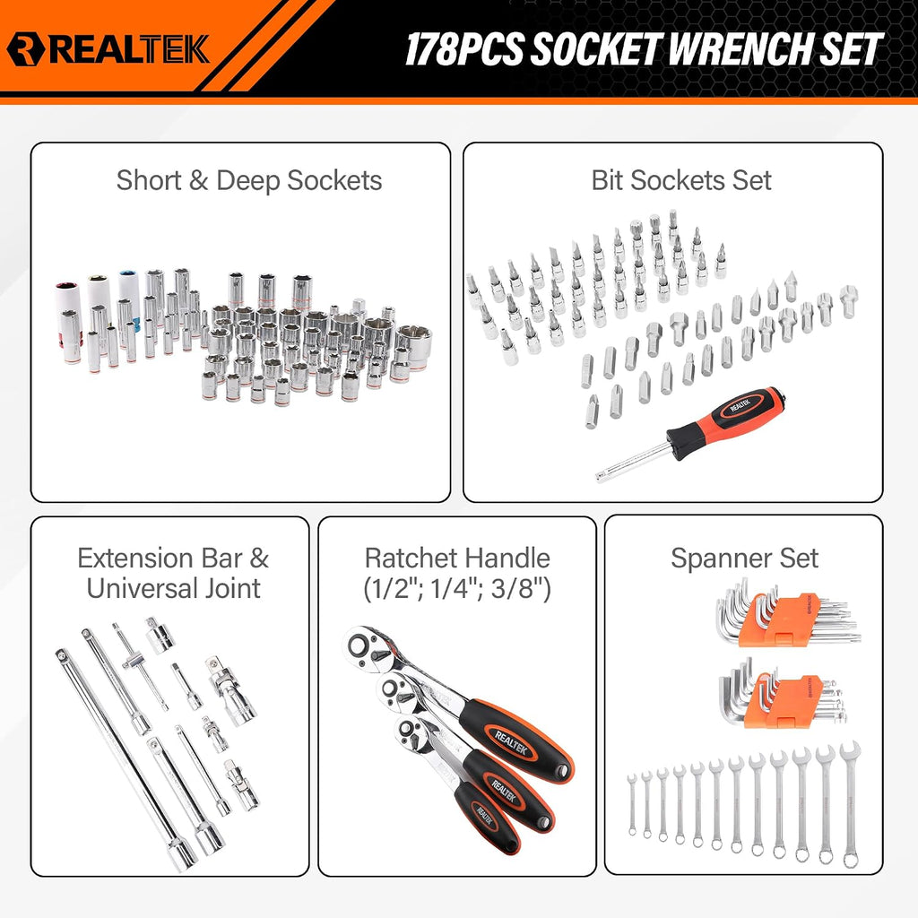REALTEK 178 Pieces Socket Wrench Set 1/4'3/8'1/2',CR-V Metric Wrench Set with Extension Bar,Quick-Release Ratchet Wrench with Bit Socket Set for Auto Repairing,Household and Workshop,Durable Tool Box